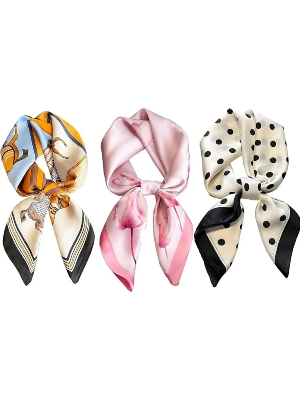 3 Pack Polka Dot Satin Square Scarves - Versatile Silk Feeling Head Wraps & Neck